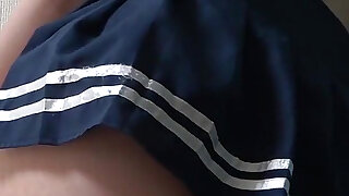 Observe the Body of a Busty Japanese Girl in a Miniskirt Uniform Sitting on a Chair in Her Apartment From Under the Desk